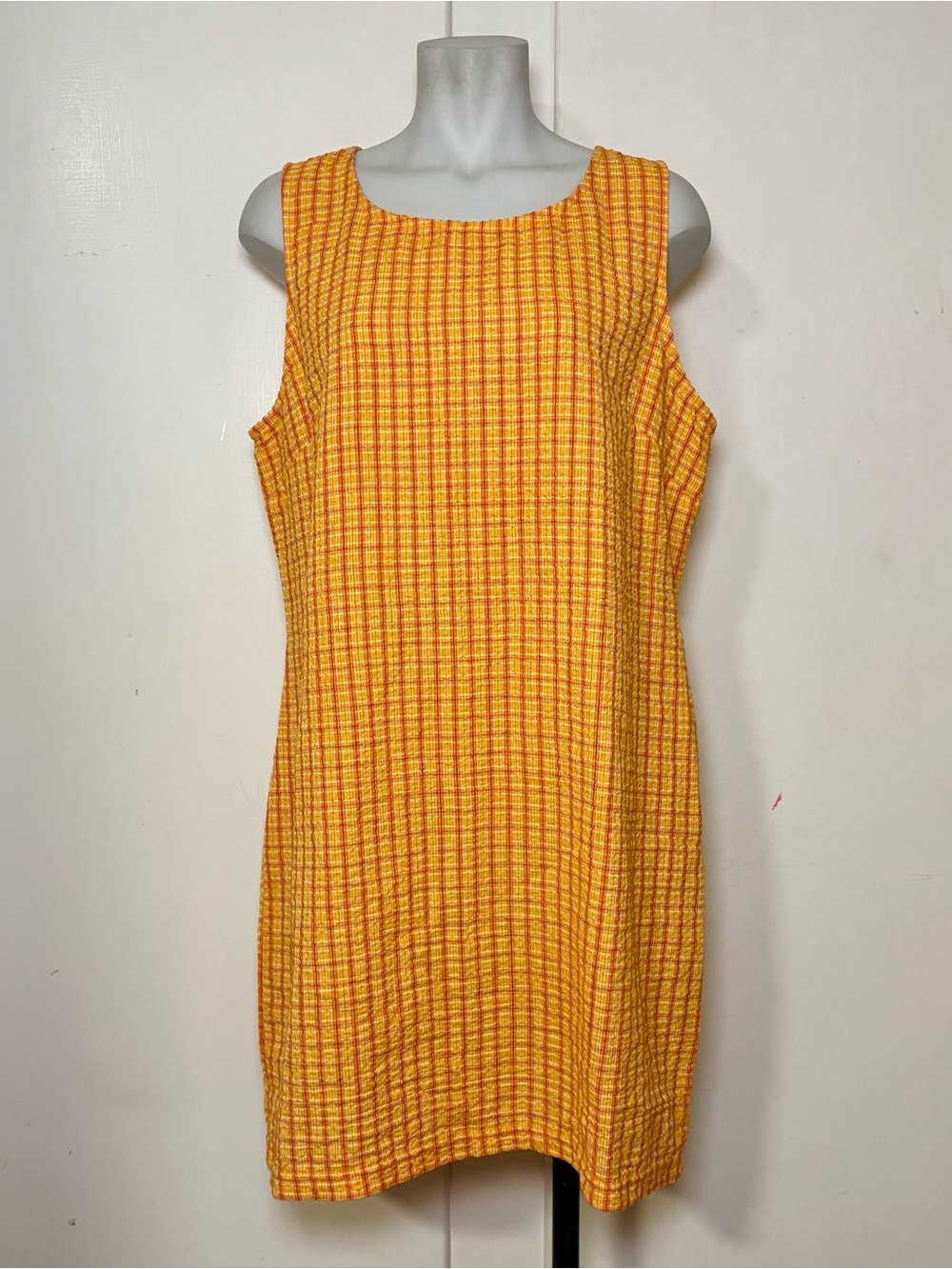 Vintage 90s Orange Plaid Seersucker Cotton Sleeveless Mini Dress